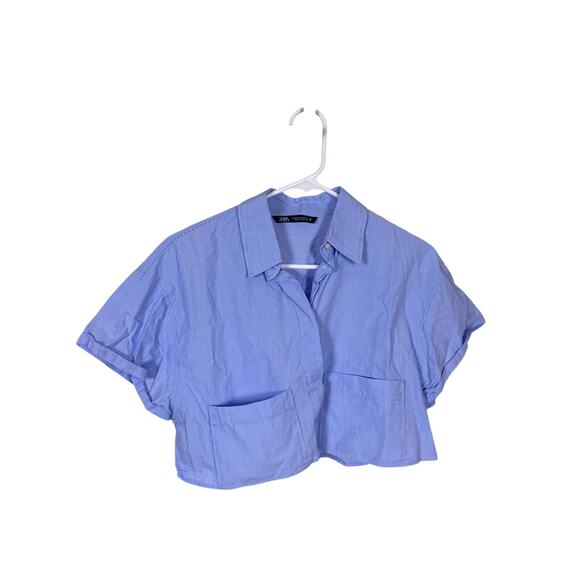 ZARA Cropped Collared Top Women’s XS Light Blue Button Front Shirt Striped Style - Picture 1 of 4